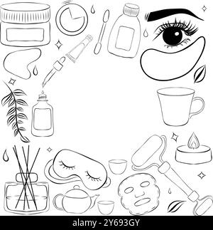 cadre d'outils de routine de soin de la peau. Cadre de ligne de vecteur avec illustrations dessinées à la main de diffuseur d'arôme, sérum, masque de sommeil, bougie, cache-oeil, mug, crème a Illustration de Vecteur