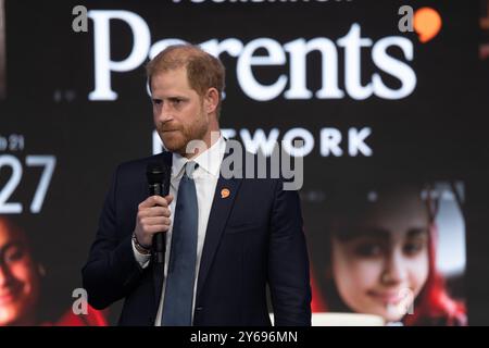 Manhattan, États-Unis. 24 septembre 2024. Le prince Harry, duc de Sussex, prend la parole sur scène lors du panel « tout, partout, tout à la fois » lors de la deuxième journée de la Clinton Global Initiative (CGI) à New York. (Photo de Derek French/SOPA images/SIPA USA) crédit : SIPA USA/Alamy Live News Banque D'Images