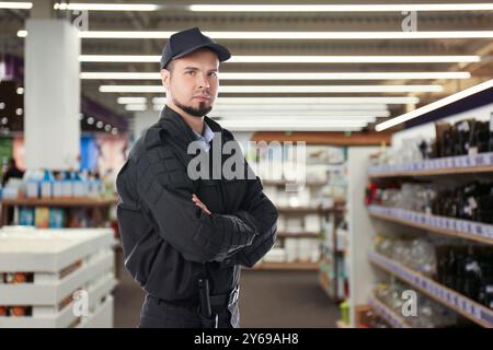 Gardien de sécurité confiant portant l'uniforme dans le supermarché Banque D'Images