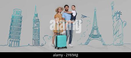 Famille heureuse avec valise parmi l'illustration de monuments célèbres sur fond gris. Conception de bannière Banque D'Images