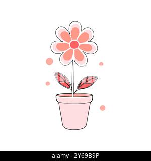 Illustration vectorielle simple d'une fleur dans un pot avec des accents rouges et roses. Parfait pour les graphismes liés au printemps, les thèmes de décoration d'intérieur, ou le contenu de jardinage... Illustration de Vecteur
