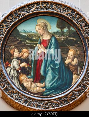 La Vierge adorant le Christ enfant avec l'enfant Saint Jean Baptiste et deux Anges, peinture sur panneau, vers 1480, Francesco BOTTICINI, Florence, 1446 - Florence, 1498, Musée du Louvre, Paris, France. Banque D'Images