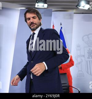 Madrid, 17/09/2024. Palais de Moncloa. Conférence de presse après le Conseil des ministres avec la ministre Pilar Alegría, le ministre de la Présidence, de la Justice et des relations avec le Parlement, Félix Bolaños, le ministre de la culture, Ernest Urtasun, et la ministre de l’Egalité, Ana Redondo. Photo : Jaime García. ARCHDC. Crédit : album / Archivo ABC / Jaime García Banque D'Images