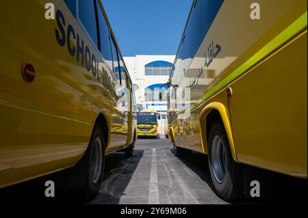 Plusieurs autobus scolaires jaunes sont alignés devant l’école, prêts à venir chercher des élèves à abu dhabi Banque D'Images