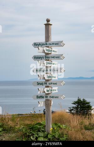 Panneaux directionnels vers diverses villes du phare de Green point à Port de grave, Terre-Neuve-et-Labrador, Canada Banque D'Images