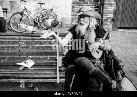 Un artiste de rue en costume de pirate est assis sur Un banc public nourrissant des pigeons, High Street, Lewes, Sussex, Royaume-Uni. Banque D'Images