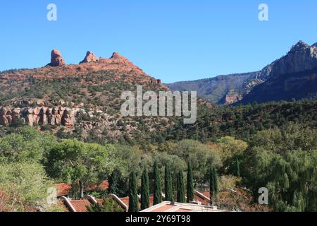 Les majestueuses montagnes de l'Arizona s'élèvent au loin, encadrées par des arbres désertiques luxuriants, capturant la beauté sauvage et sereine du Sud-Ouest. Banque D'Images