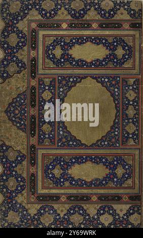 Frontispice lumineux, 1500-50, calligraphie, arabe, calligraphie, persan, manuscrits, persan, Washington (DC), Afghanistan, calligraphie arabe, manuscrits islamiques enluminés, calligraphie islamique, manuscrits islamiques, Un frontispice persan typique du XVIe siècle fait pour un Coran, de Hérat, aujourd'hui Afghanistan., Illuminateurs au cours de la première moitié du XVIe siècle expérimenté avec le frontispice illuminé à double page. Par exemple, l'artiste Shaykhzadah a commencé à utiliser des fonds noirs et a inventé de nouveaux motifs arabesques ou en défilement. Ces motifs ne sont pas seulement apparus Banque D'Images