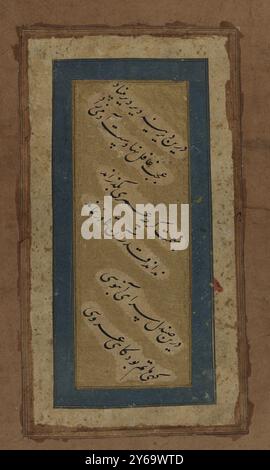 Trois bayts (versets) sur les désirs mondains, date : 18ème-19ème siècles, calligraphie, arabe, calligraphie, persan, manuscrits, persan, Washington (DC), Iran, Inde, calligraphie arabe, manuscrits islamiques enluminés, calligraphie islamique, manuscrits islamiques, trois bayts (versets) en persan sur les «désirs mondains», écrits dans le script Nasta'liq du 18 au 19e cent. Période Inde ou Iran., Dar in dirina dayr-i dir bunyad / 'Ajab ghafil nahad ast adami zad / Bi-ni'mat garcha 'umri baguzaranad / Nadanad qadr-i an ta dar namanad / Dar in sandal saraya abnusi / Gahi matam bavad gahi 'arusi, Dimen Banque D'Images