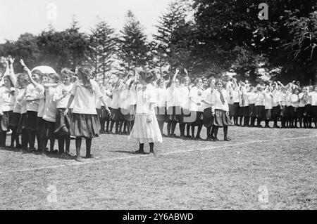 Relais Pass ball, Pelham Bay Park, photographie montrant des filles des Washington Irving High Schools, New York City, assistant à un festival de la journée d'été qui a eu lieu au Pelham Bay Park dans le Bronx le 23 juin 1911., 1911 juin 23, enfants, négatifs en verre, 1 négatif : verre ; ou plus petit. Banque D'Images