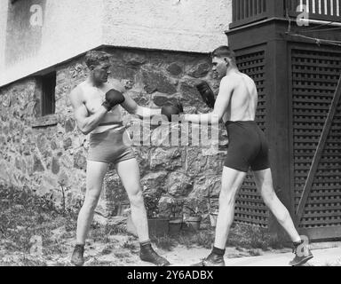 Wells & Coffey, photo montre le boxeur anglais Bombardier Billy (William Thomas) Wells (1889-1967) battant avec Jim Coffey, le géant de Roscommon (1891-1959), à Rye, New York, pour se préparer à un combat avec Al Panzer., 1912, boxe, négatifs en verre, 1 négatif : verre; 5 x 7 pouces ou plus petit. Banque D'Images