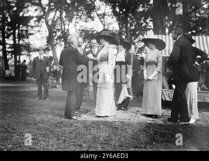 Oscar Straus chez B. Cochran's i.e., Cockran, photo montre Oscar Straus (1850-1926), candidat du Bull Moose Party au poste de gouverneur de New York en 1912 ; serrant la main de MRS B. Cochran pendant qu'Eleanor B. Roosevelt regarde. L'événement a eu lieu dans la maison de campagne du politicien William Bourke Cockran (1854-1923), Port Washington, long Island, État de New York.., 1912 septembre 28, négatifs en verre, 1 négatif : verre ; ou plus petit. Banque D'Images