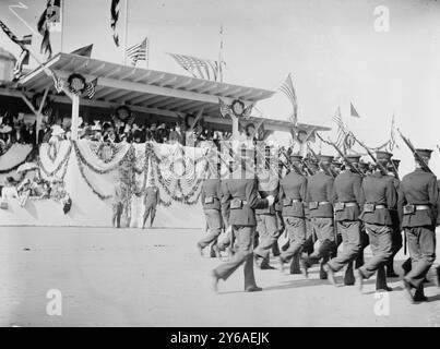 Le président Taft examinant les troupes à un stand d'examen pendant la cérémonie de dédicace de la fontaine de Columbus, Union Station, Washington, D.C. juin 8,1912, 1912 Jne 8, Washington, D. C, négatifs en verre, 1 négatif : verre ; ou plus petit. Banque D'Images