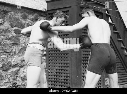 Wells & Coffey, photo montre le boxeur anglais Bombardier Billy (William Thomas) Wells (1889-1967) battant avec Jim Coffey, le géant Roscommon (1891-1959), à Rye, New York, pour se préparer à un combat avec Al Panzer., 1912, négatifs en verre, 1 négatif : verre ; 5 x 7 po. ou plus petit. Banque D'Images