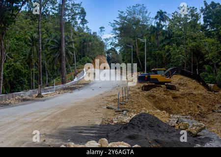 Excavatrice sur la construction d'une route à travers la jungle tropicale Banque D'Images