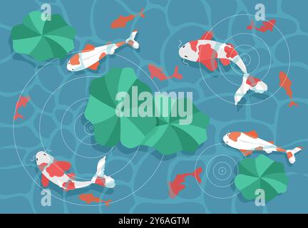 Poisson koi dans le lac. Poissons asiatiques traditionnels dans l'eau avec des lys. Animaux nautiques macérés rouges et blancs sous l'eau. Traditions japonaises et chinoises Illustration de Vecteur