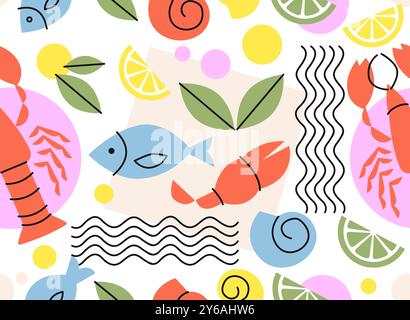 Motif sans couture avec fruits de mer. Elément de dessin répétitif pour l'impression sur tissu. Crabes, crevettes et poissons avec des tranches de citron. Oriental traditionnel Illustration de Vecteur