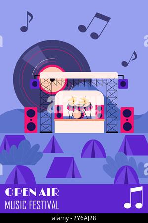 Affiche du festival de musique en plein air. Gramophone avec disque vinyle et haut-parleurs. Soirée ou événement de musique rétro, concert. Brochure et livret, dépliant et dépliant Illustration de Vecteur