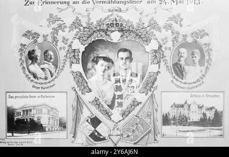 Ernst Aug. i.e. August & mariée, photo montre Ernst August, duc de Brunswick-Lunebourg (1887-1953) et son épouse la princesse Victoria Louise de Prusse qui se sont mariés le 24 mai 1913. Sont également montrés les parents de la mariée, Kaiser Wilhelm II et Empress Augusta Victoria., 1913., négatifs en verre, 1 négatif : verre ; 5 x 7 po. ou plus petit. Banque D'Images