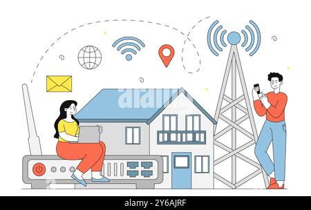 Les gens avec internet. Homme et femme près de la tour et routeur Internet. Connexion sans fil et technologies modernes. Guy et fille avec wifi. Vecteur linéaire Illustration de Vecteur