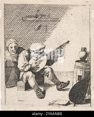 Fermier joue du luth, fermiers (titre de la série), Un fermier joue du luth. A gauche, une vieille femme écoute., print, print Maker : anonyme, after design by : David Teniers (II), print Maker : Pieter Jansz Quast, (attribution rejetée), Low Countries, 1626 - 1740, paper, gravure, hauteur, 67 mm × largeur, 59 mm Banque D'Images