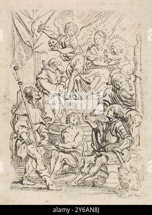 Marie intronisée et l'enfant entouré de saints, estampe, imprimeur : Antoine Sallaert, 1590 - 1650, papier, gravure, largeur, 48 mm × hauteur, 69 mm Banque D'Images