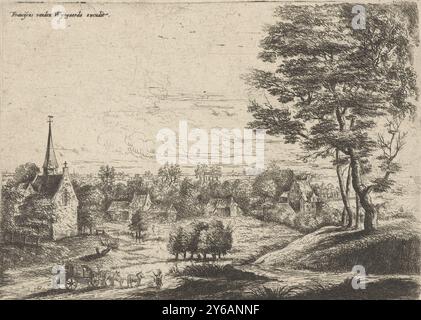 Vue d'un village avec un wagon couvert, cinq paysages (titre de la série), Village avec une église et un wagon couvert tiré par trois chevaux., estampe, imprimeur : Lucas van Uden, d'après sa propre conception par : Lucas van Uden, éditeur : Frans van den Wijngaerde, (mentionné sur l'objet), Low Countries, 1605 - 1673, papier, gravure, gravure, hauteur, 88 mm × largeur, 123 mm Banque D'Images