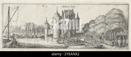 Vue du premier Sint-Antoniespoort à Amsterdam, Anthonis Poort (titre sur objet), vue du premier Sint-Antoniespoort à Amsterdam, vue de la Geldersekade. Plusieurs bateaux au premier plan. Après les agrandissements de la ville à la fin du XVIe siècle, ce bâtiment du XVe siècle est arrivé à être situé dans la ville (sur le Nieuwmarkt) et a ainsi perdu sa fonction de porte de la ville. En 1617-1618, il a été utilisé comme maison de pesage. Numéroté en haut à gauche du milieu : hh. 3. Numéroté en bas à droite : 3., imprimé, imprimeur : anonyme, éditeur : Claes Jansz. Visscher (II), Amsterdam, 1601-16 Banque D'Images