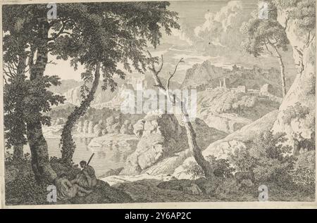 Paysage arcadien avec deux bergers, paysages arcadiens (titre de la série), paysage arcadien avec un lac. Une ville sur une colline le long du lac. Au premier plan deux bergers sous un arbre. L'estampe fait partie d'une série avec des paysages arcadiens., estampe, imprimeur : Johannes Glauber, après conception par : Johannes Glauber, inconnu, 1656 - 1726, papier, gravure, largeur, 362 mm × hauteur, 240 mm Banque D'Images