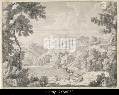 Actaeon est transformé en cerf par la baignade Diana, paysages d'après Gaspar Poussin (titre de la série), paysage vallonné. Au premier plan, Actaeon, poursuivi par ses propres chiens, se transforme en cerf. En arrière-plan le bain Diana et ses nymphes. L'estampe fait partie d'une série de paysages basés sur des peintures de Gaspar Poussin., estampe, imprimeur : Johannes Glauber, (mentionné sur l'objet), après peinture de : Gaspard Dughet, (mentionné sur l'objet), inconnu, 1656 - 1726, papier, gravure, hauteur, 295 mm × largeur, 390 mm Banque D'Images