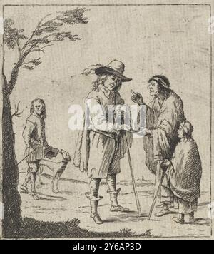 Diseur de fortune, Un homme a sa main lue par un diseur de fortune. Dans le fond un garçon marche avec un chien., impression, imprimeur : anonyme, après conception par : David Teniers (II), (mentionné sur l'objet), Low Countries, 1700 - 1799, papier, gravure, hauteur, 103 mm × largeur, 89 mm Banque D'Images