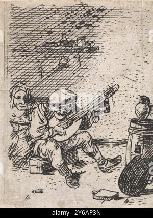 Fermier joue du luth, fermiers (titre de la série), Un fermier joue du luth. A gauche, une vieille femme écoute., print, print maker : anonyme, after print by : anonyme, after design by : David Teniers (II), Netherlands, 1626 - 1740, paper, gravure, hauteur, 76 mm × largeur, 56 mm Banque D'Images