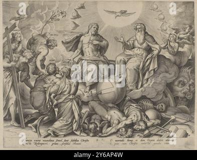 Jugement dernier, les quatre âges de l'homme et de la mort (titre de la série), allégorie de la mort, symbolisée par le jugement dernier. L’homme (Homo), entouré des vertus divines (Charitas, Fides et Spes) et de la grâce Divine (Gratia), s’agenouille dans l’adoration devant la Trinité. Au premier plan, les morts gisent au bord de la porte de l'enfer. Dans la marge une légende de quatre lignes, en deux colonnes, en latin., imprimé, imprimeur : Hieronymus Wierix, imprimeur : Adriaen Collaert, (attribution rejetée), après conception par : Ambrosius Francken (I), Anvers, 1563 - 1584, papier, gravure, hauteur, 230 mm × largeur, 299 mm Banque D'Images