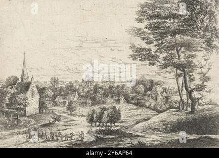 Vue d'un village avec un wagon couvert, cinq paysages (titre de la série), Village avec une église et un wagon couvert tiré par trois chevaux., estampe, imprimeur : Lucas van Uden, d'après sa propre conception par : Lucas van Uden, éditeur : Frans van den Wijngaerde, (mentionné sur l'objet), Low Countries, 1605 - 1673, papier, gravure, gravure, hauteur, 88 mm × largeur, 123 mm Banque D'Images