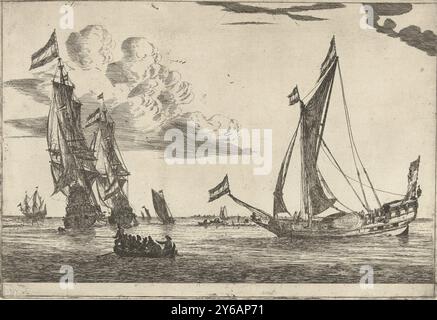 Deux navires de guerre et un yacht, treize scènes avec des navires (titre de la série), Un certain nombre de navires sur l'eau, y compris un yacht, deux grands navires de guerre hollandais et un sloop avec des gens., impression, imprimeur : Reinier Nooms, après sa propre conception par : Reinier Nooms, pays-Bas, 1650 - 1664, papier, gravure, hauteur, 205 mm × largeur, 300 mm Banque D'Images