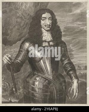 Portrait de Léopold Ier, Empereur d'Allemagne, Portrait de Léopold Ier, Empereur d'Allemagne, vêtu d'armures avec des attributs impériaux à côté de lui sur la table : couronne, orbe et sceptre. Draperie et paysage en arrière-plan., impression, imprimeur : anonyme, après impression par : Cornelis van Dalen (II), après peinture par : Pieter Nason, Amsterdam, 1648 - 1705, papier, gravure, hauteur, 337 mm × largeur, 282 mm Banque D'Images