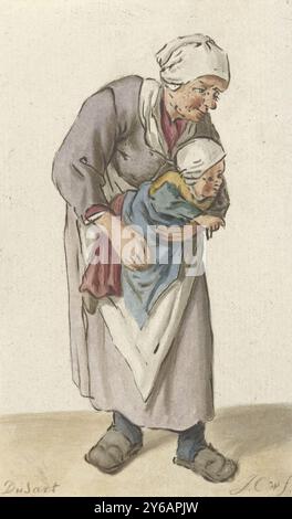 Femme avec enfant, une vieille femme. Elle porte un bébé dans ses bras., imprimeur, imprimeur : Jurriaan Cootwijck, (mentionné sur l'objet), après dessin par : Cornelis DuSart, (mentionné sur l'objet), imprimeur : Amsterdam, après dessin par : Haarlem, 1724 - 1798, papier, gravure, hauteur, 122 mm × largeur, 72 mm Banque D'Images