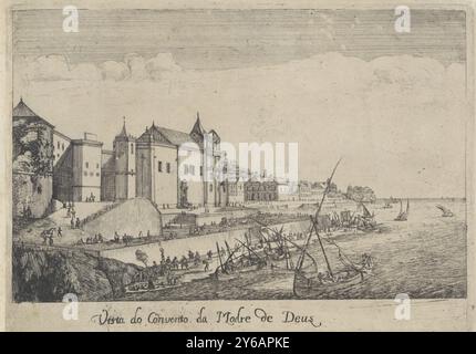 Vue du monastère de la mère de Dieu à Lisbonne, Vista do Convento da Madre de Deus (titre sur objet), vues de Lisbonne (titre de la série), vue du monastère de la mère de Dieu à Lisbonne. Les personnages marchent sur le quai et la plage en face du monastère. Des bateaux naviguent sur le Tage., impression, imprimeur : Dirk Stoop, Lissabon, 1662, papier, gravure, hauteur, 194 mm × largeur, 270 mm Banque D'Images