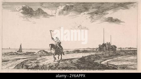 Facteur monte le long de la plage, carte postale (titre de la série), le facteur monte son cheval le long de la plage. Il signale à un navire qui passe. L'impression a une légende néerlandaise avec une explication., impression, imprimeur : Joost van Geel, après sa propre conception par : Joost van Geel, éditeur : Jacob Quack, (éventuellement), Rotterdam, en 1666 ou après, papier, gravure, hauteur, 146 mm × largeur, 291 mm Banque D'Images
