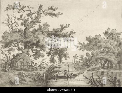 Paysage avec deux pêcheurs, vue d'un grand arbre et d'un bateau de pêche avec deux hommes, dont l'un tire dans un filet de pêche. En arrière-plan, sous un arbre, un homme est assis sur la rive avec une canne à pêche., impression, imprimeur : Hermanus Fock, Amsterdam, 1781 - 1822, papier, gravure, hauteur, 150 mm × largeur, 203 mm Banque D'Images