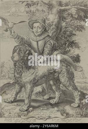 Portrait de Frederik de Vries, Portrait de Frederik de Vries avec le chien de Hendrick Goltzius. Il est le fils du peintre Dirck de Vries, élève de Hendrick Goltzius. Frederik se prépare à s'asseoir sur le dos du chien et tient un pigeon dans sa main. Une dédicace en latin sur le cartouche. La légende en latin parle de la simplicité de l'enfant et de la fidélité du chien., estampe, graveur : Raffaello Guidi, après estampe de : Hendrick Goltzius, (mentionné sur l'objet), Petrus Scriverius, Rome, 1599 et, ou en 1773 ou après, papier, gravure, hauteur, 357 mm × largeur, 260 mm Banque D'Images