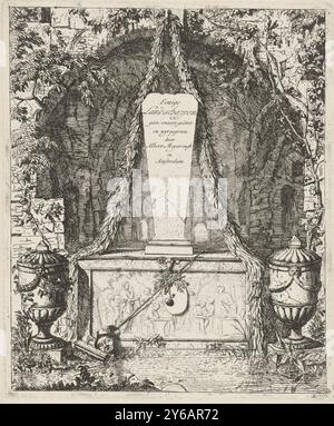 Monument à l'art, paysages (titre de la série), paysages uniques (titre de la série sur objet), Monument à l'art dans une niche avec des vases de jardin de chaque côté. Le relief montre une image d'une école de dessin. Une palette et un bâton de peinture pendent du monument. Sur le sol la tête de Mercure avec le pétase., estampe, imprimeur : Albert Meyering, (mentionné sur l'objet), d'après son propre dessin par : Albert Meyering, (mentionné sur l'objet), éditeur : Albert Meyering, (mentionné sur l'objet), Amsterdam, 1695 - 1714, papier, gravure, hauteur, 245 mm × largeur, 204 mm Banque D'Images