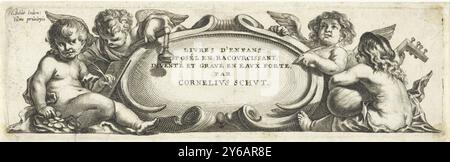 Quatre putti autour d'un cartouche, livres d'enfans poséz en racourcissant (...) (titre sur objet), le gauche dessine un putto avec sa main gauche, tandis qu'il prend une pièce de monnaie d'une poche avec sa droite. L'ange ou le putto ailé derrière lui tient peut-être une censure sur un bâton. Les putti de droite ont une plume d'écriture et un luth dans leurs mains., impression, imprimeur : anonyme, après conception par : Cornelis Schut (I), (mentionné sur l'objet), inconnu, (mentionné sur l'objet), imprimeur : Low Countries, après conception par : Anvers, 1618 - 1705, papier, gravure, hauteur, 70 mm × largeur, 231 mm Banque D'Images