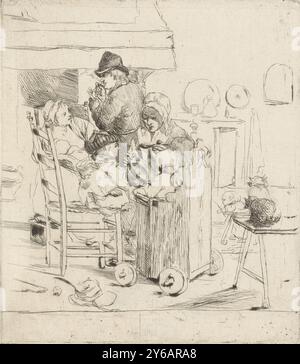 Scène de cuisine avec des enfants, dans une cuisine une femme nourrit deux enfants. Un enfant porte un casque de protection et est assis sur une chaise, un petit-enfant est assis sur une chaise haute sur roulettes. Près du cœur ouvert, une femme est assise pour nourrir un bébé. Un homme debout à côté d'elle fume une pipe. Il y a un chat assis à droite de la table., imprimerie, imprimeur : Louis Bernard Coclers, après peinture par : Louis Bernard Coclers, inconnu, 1756 - 1817, papier, gravure, pointe sèche, hauteur, 143 mm × largeur, 15 mm Banque D'Images