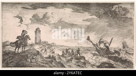 Tempête en mer, carte postale (titre de la série), au premier plan un facteur à cheval regarde une tempête en mer. Un navire coule dans les vagues rugueuses., impression, imprimeur : Joost van Geel, après sa propre conception par : Joost van Geel, éditeur : Jacob Quack, (éventuellement), Rotterdam, en 1666 ou après, papier, gravure, gravure, hauteur, 145 mm × largeur, 288 mm Banque D'Images
