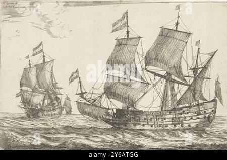 Deux grands navires de guerre, treize scènes avec des navires (titre de la série), deux grands navires de guerre hollandais avec équipage en mer, un troisième navire à l'horizon., impression, imprimeur : Reinier Nooms, (mentionné sur l'objet), après sa propre conception par : Reinier Nooms, éditeur : Arthur Tooker, (mentionné sur l'objet), imprimeur : pays-Bas, éditeur : Londres, 1650 - 1675, papier, gravure, hauteur, 195 mm × largeur, 298 mm Banque D'Images