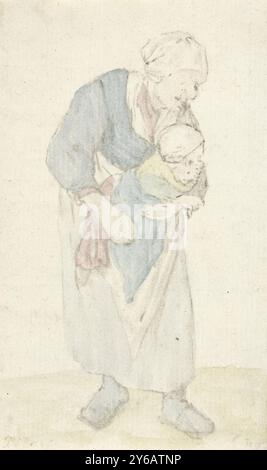 Femme avec enfant, une vieille femme. Elle porte un bébé dans ses bras., imprimeur, imprimeur : Jurriaan Cootwijck, (mentionné sur l'objet), après dessin par : Cornelis DuSart, (mentionné sur l'objet), imprimeur : Amsterdam, après dessin par : Haarlem, 1724 - 1798, papier, hauteur, 122 mm × largeur, 72 mm Banque D'Images