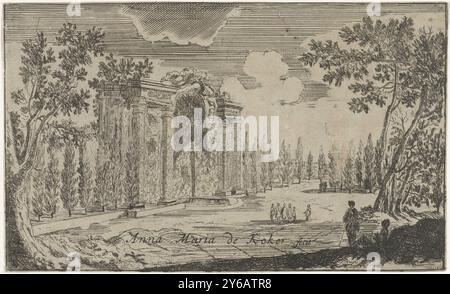 Vue sur le parc avec fontaine, vue sur le parc avec une grande fontaine, avec une arche décorée et des colonnes. Un groupe de six personnes se tient devant la fontaine, l'admirant. Au premier plan à droite un homme avec un bâton à la main, et une femme assise à côté de lui., impression, imprimerie : Anna Maria de Koker, (mentionné sur l'objet), 1640 - 1698, papier, gravure, hauteur, 130 mm × largeur, 213 mm Banque D'Images