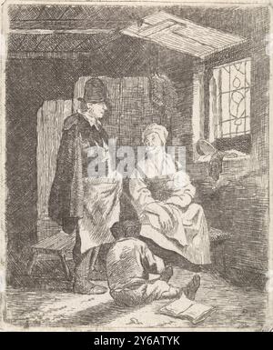 Famille à l'intérieur, intérieur avec homme et femme avec enfant sur leurs genoux. Ils ont deux enfants, dont l'un regarde un livre., imprimeur, imprimeur : Johannes Janson, (peut-être), imprimeur : Johannes Christiaan Janson, (peut-être), imprimeur : Pieter Janson, (peut-être), Leiden, 1739 - 1851, papier, gravure, hauteur, 95 mm × largeur, 79 mm Banque D'Images