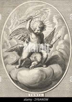 Élément feu comme un enfant avec des éclairs sur le dos de l'aigle, Ignis (titre sur l'objet), quatre éléments (titre de la série), impression, imprimeur : anonyme, après impression par : Cornelis van Dalen (II), après conception par : Abraham van Diepenbeeck, 1648 - 1706, papier, gravure, hauteur, 182 mm × largeur, 130 mm Banque D'Images